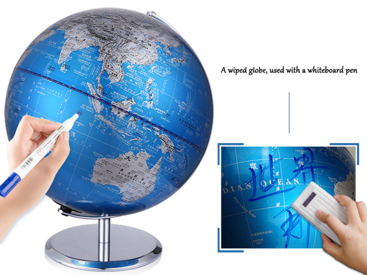 Small Decorative Globe in Blue and Silver, Customizable with Engraving, Ideal as a Gift, 20 cm Tall, an Elegant Living Room Decoration with Geographical Names in English and Chinese