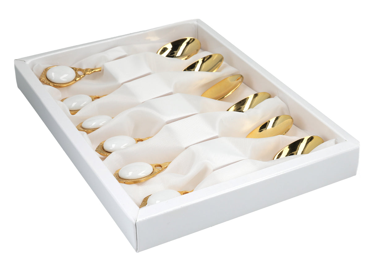 Sada 6 lžiček potažených 24K zlatem Bílé oči CARMANI s možností personalizace gravírováním - elegantní dárek pro každou příležitost, rozměry 13 cm