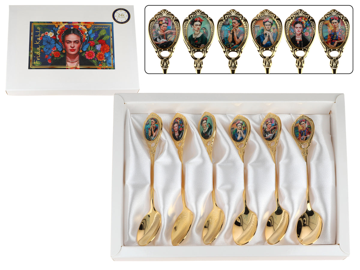 Conjunto de 6 colheres revestidas a ouro de 24K F. Kahlo, com possibilidade de personalização por gravação - talheres elegantes para oferecer, 13 cm, CARMANI