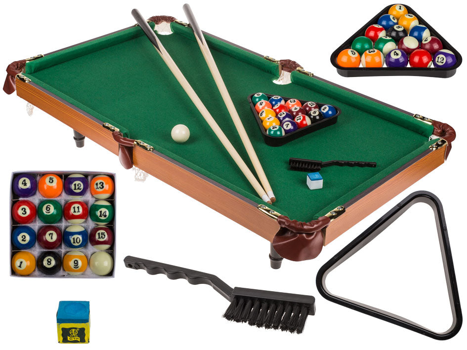 Mini billiards table for home and entertainment areas with a wooden top, 90 x 50 cm, customizable with engraving