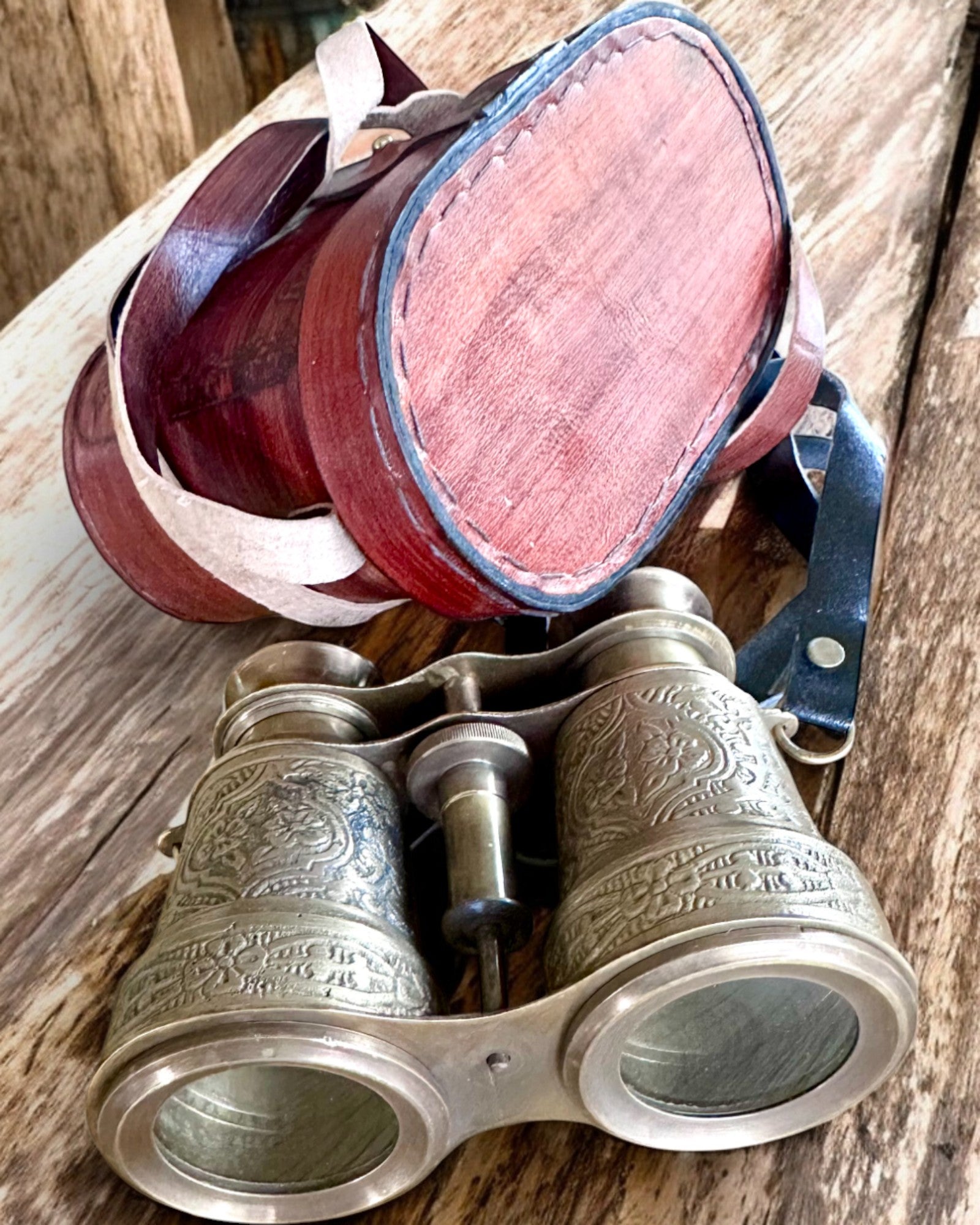 Prismáticos con estuche de cuero Victorian's Eye, 11 cm de latón, decorados a mano, personalización con grabado para regalo