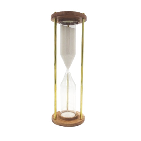 Ampulheta de latão e madeira, 30 min, personalizável com gravação — um presente elegante para qualquer ocasião, 30,5 cm de altura, areia branca, materiais clássicos