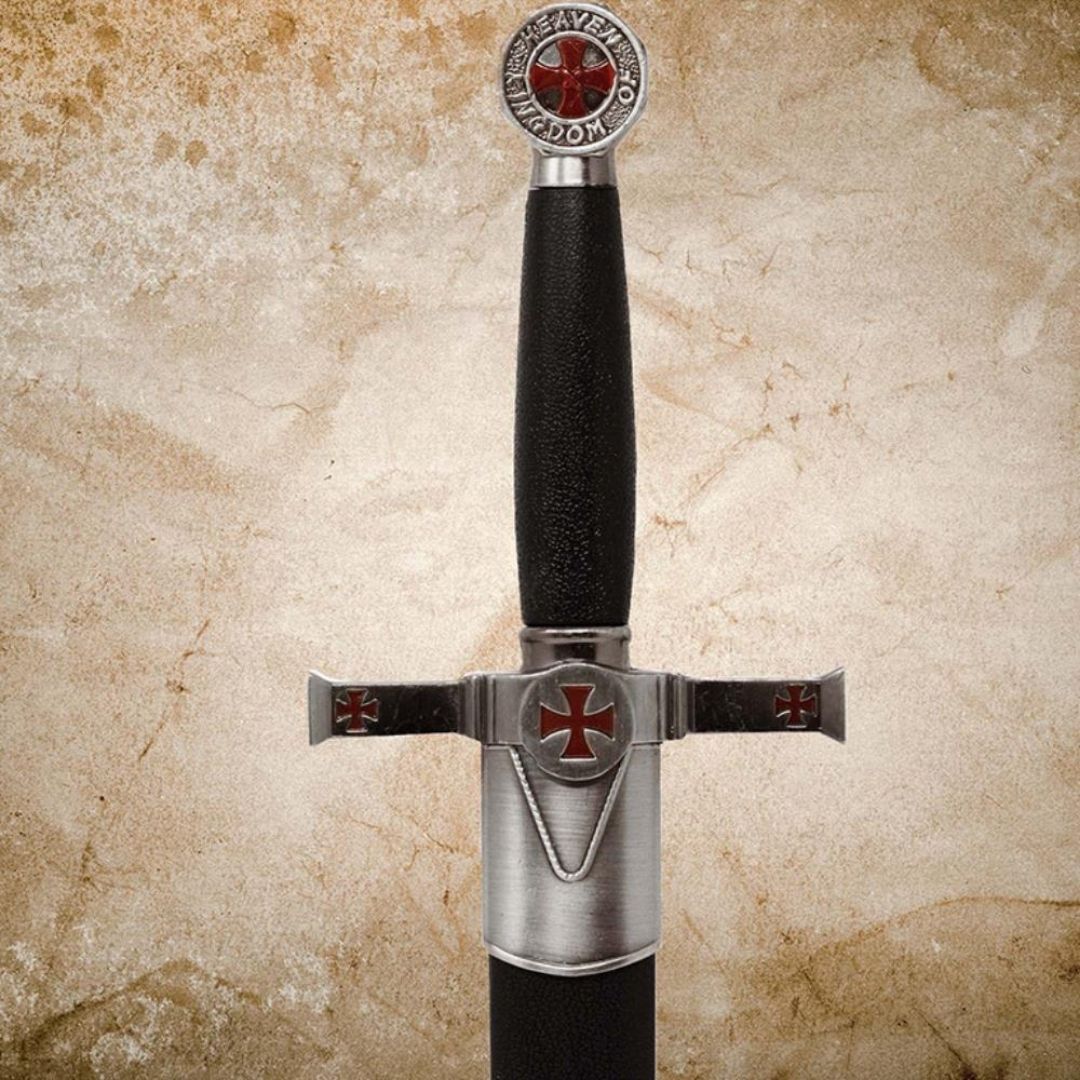 Dekorativní templářská dýka s pochvou a gravírováním - replika z nerezové oceli, 40 cm