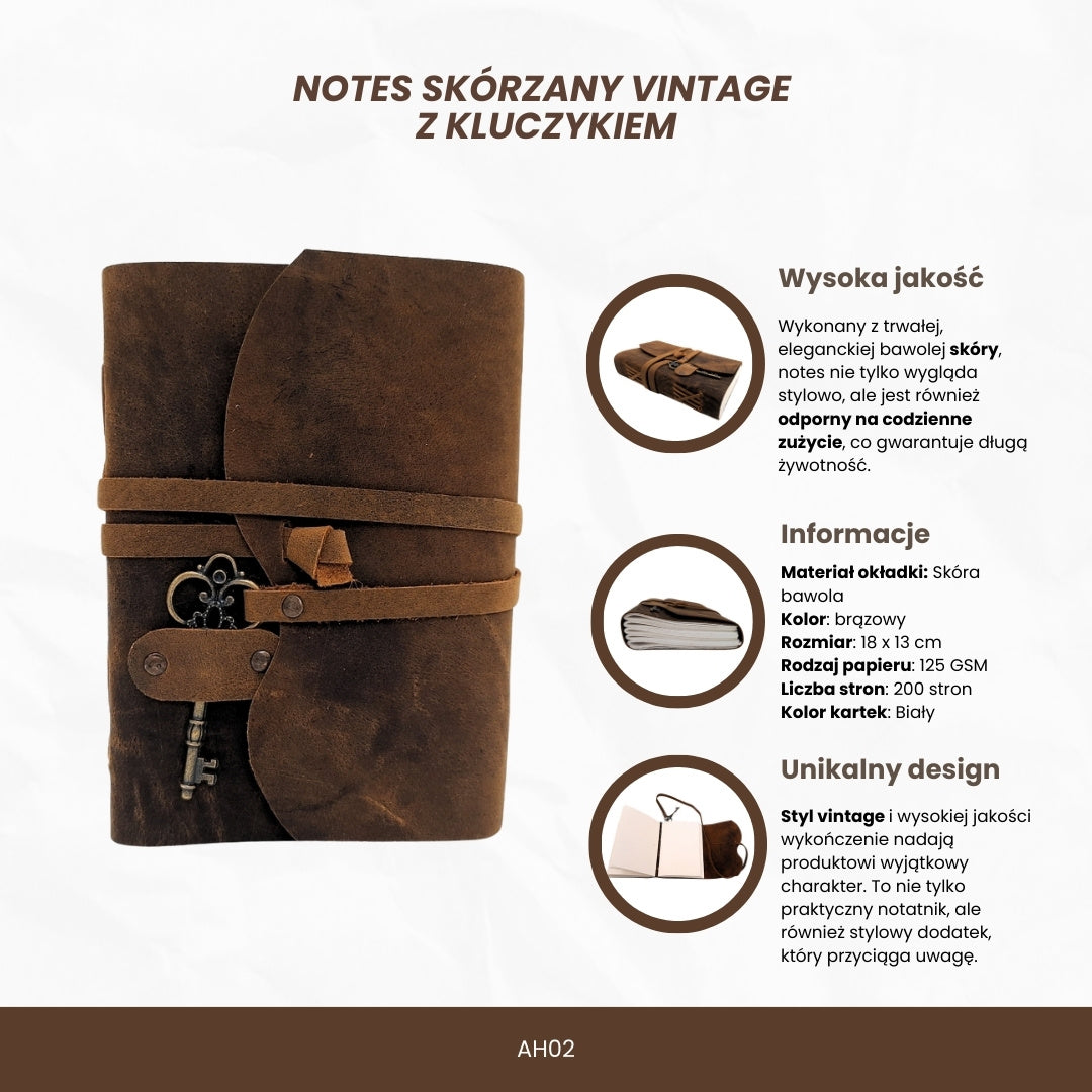 Kožený zápisník Retro s klíčkem a páskem 200 stran 18 x 13 cm - AH02
