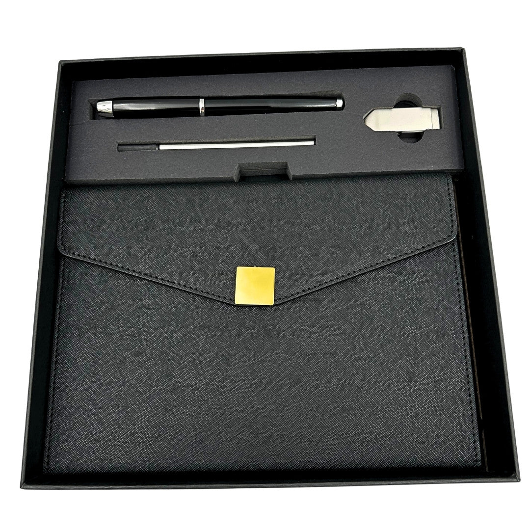 Elegantní prémiová dárková sada – zápisník A5 s perem a flash diskem 16GB v krabičce – černo-zlatá – EE9