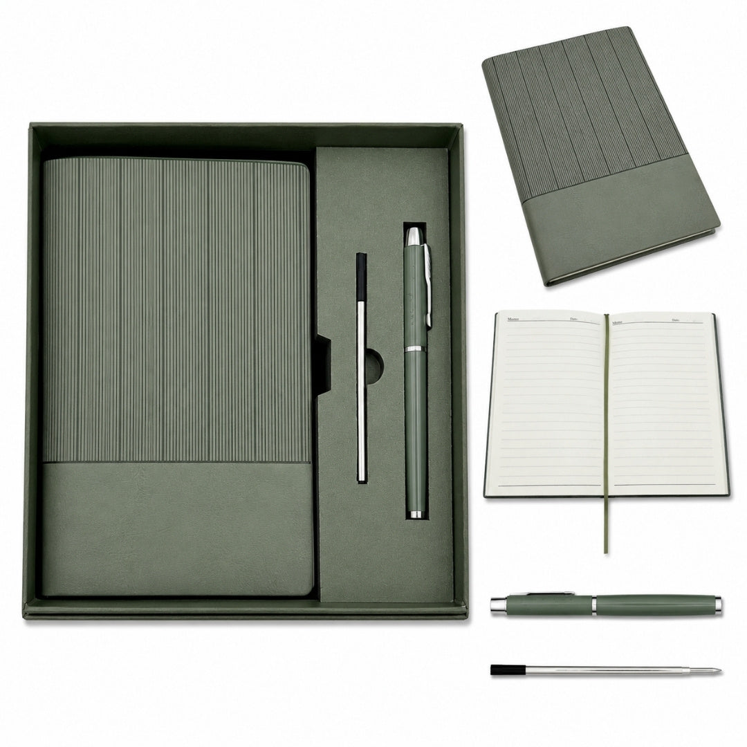 Elegant Gift Set - Leather A5 Notebook with Pen in a Gift Box - Olive Green - EE14