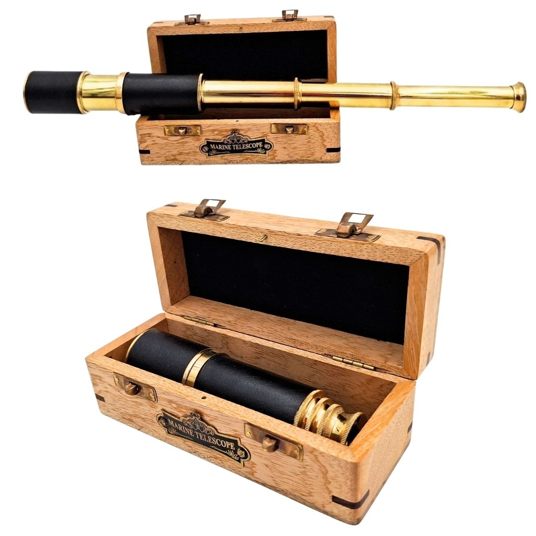 Elegant Retro Brass Nautical Spyglass with Custom Engraving in a Wooden Jewelry Box