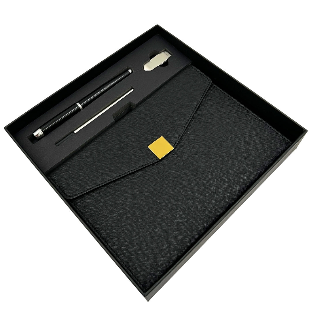 Elegantní prémiová dárková sada – zápisník A5 s perem a flash diskem 16GB v krabičce – černo-zlatá – EE9