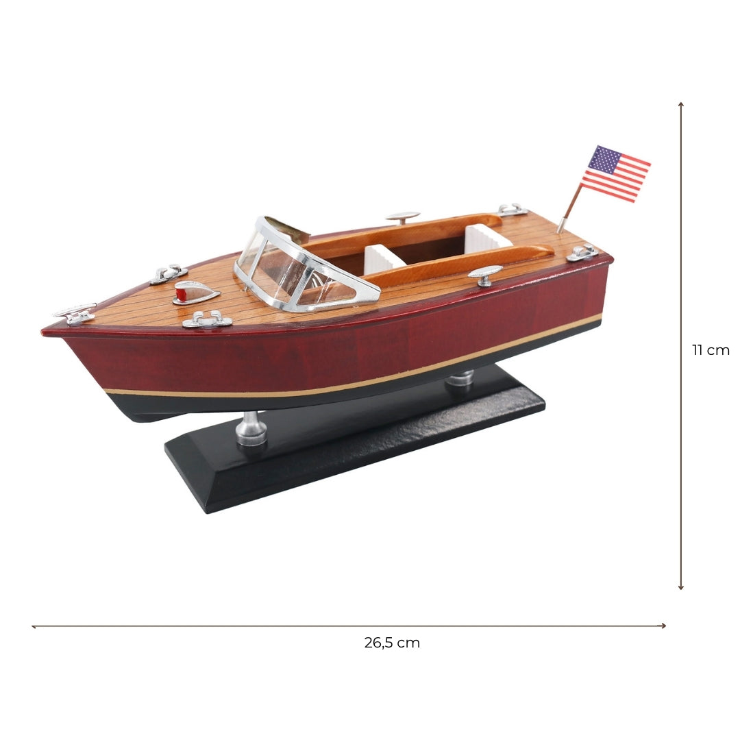 Model dřevěného motorového člunu – klasická motorová loď 26cm – dekorace do kanceláře – MOT04ML