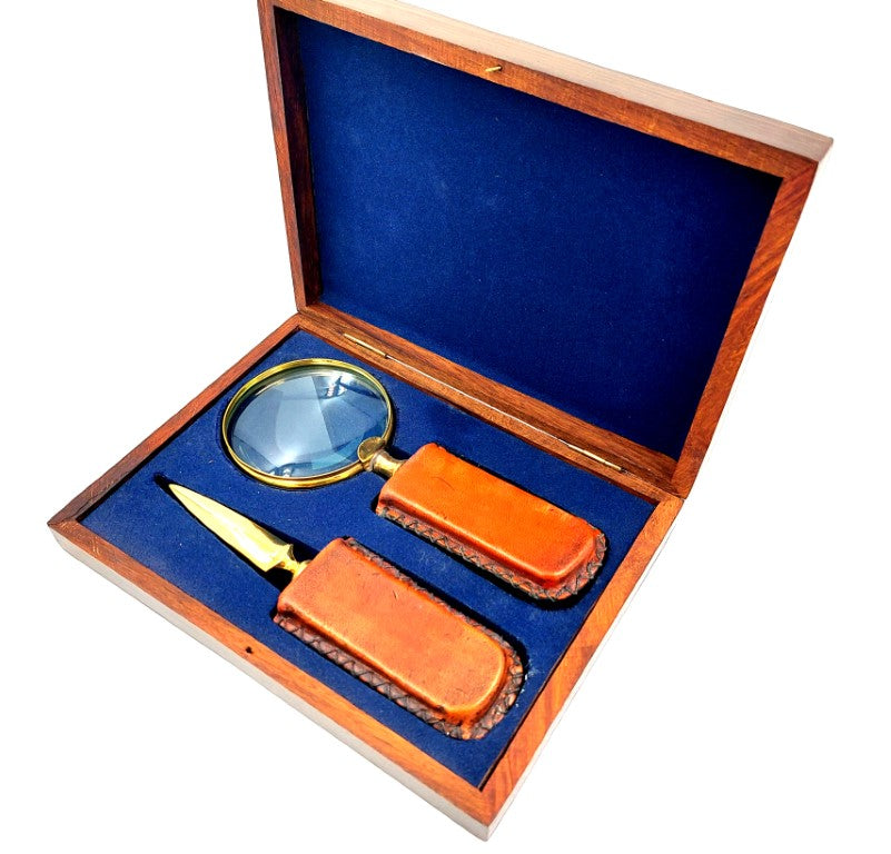 Brass Magnifying Glass and Letter Opener - Leather-Wrapped Handle MFPCSOL
