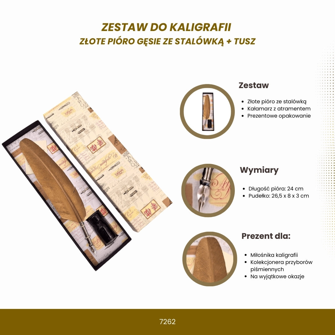 Calligraphy Set - Gold Goose Feather Quill with Nib + Ink – 7262