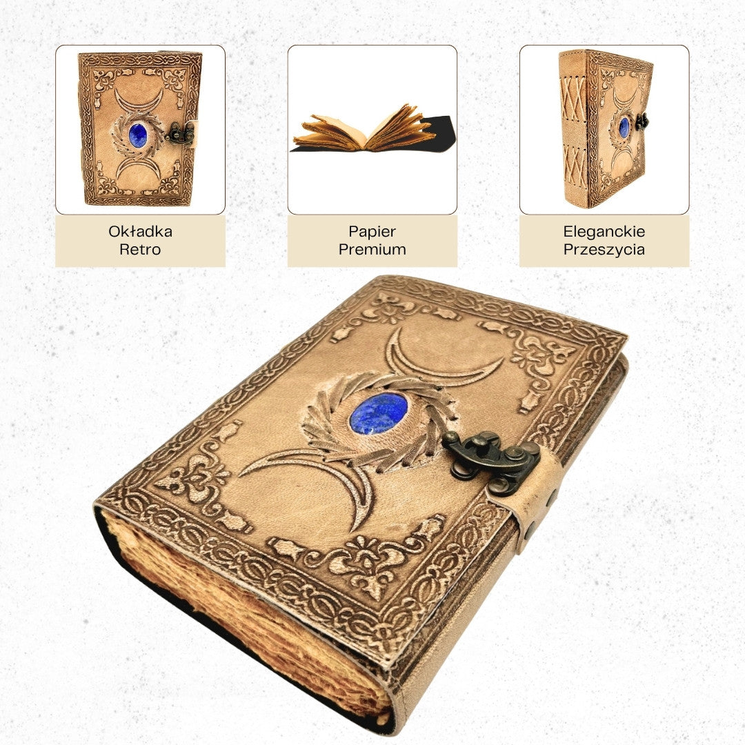 Retro Leather Notebook with Stone and Moon Phases – 200 Pages 150 GSM – H076