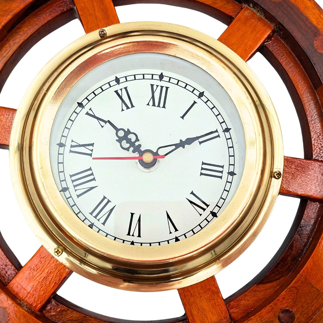 Nautical Clock in a Wooden Ship's Wheel with Brass