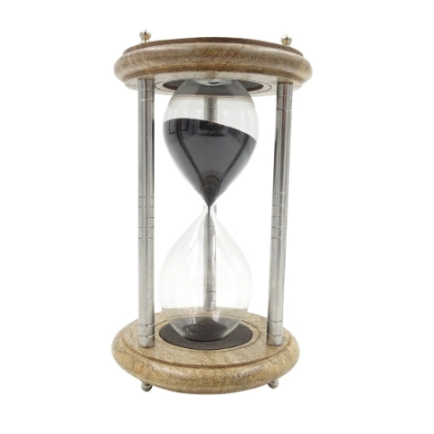 Reloj de arena de latón y madera de 10 minutos con grabado - Regalo elegante en color negro, altura 25 cm, hecho de metal, vidrio y madera de mango