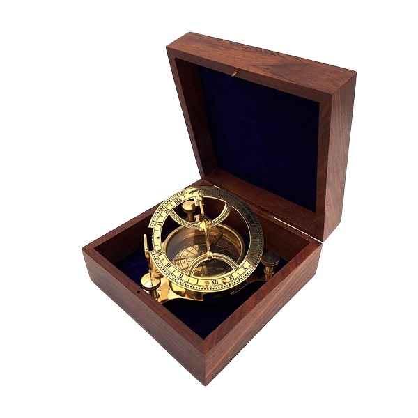 Brújula Dollond de latón en caja de madera con función de reloj de sol - ideal para regalo con opción de grabado - estilo antiguo, dimensiones 7,5 x 7,5 x 3 cm
