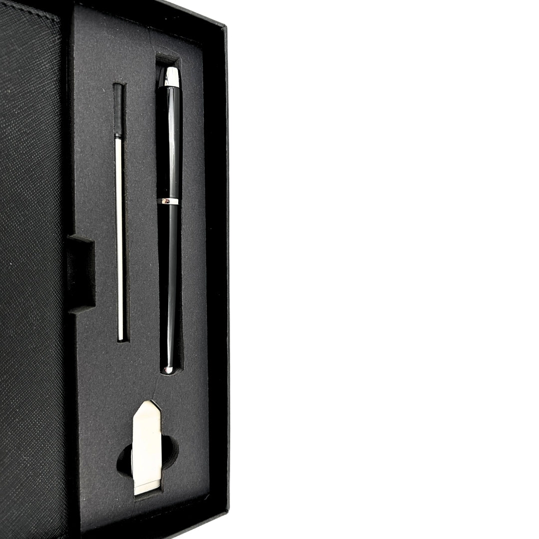 Elegantní prémiová dárková sada – zápisník A5 s perem a flash diskem 16GB v krabičce – černo-zlatá – EE9