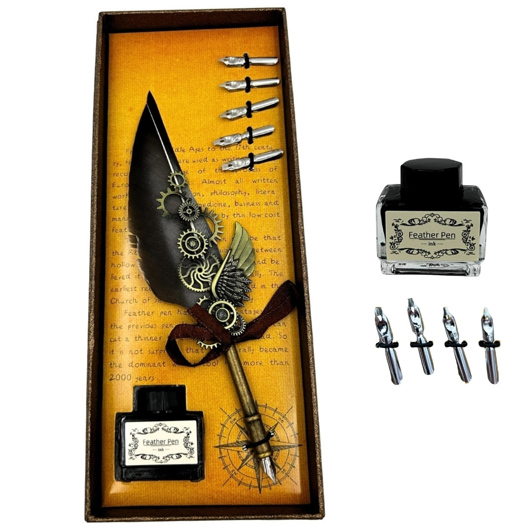 Set de caligrafie retro cu pană de gâscă vintage, 6 penițe, cerneală, cadou – EE5