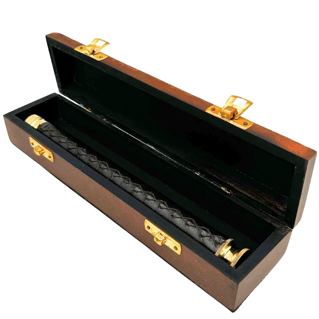 Brass and Leather Spyglass in a Wooden Box – HT013