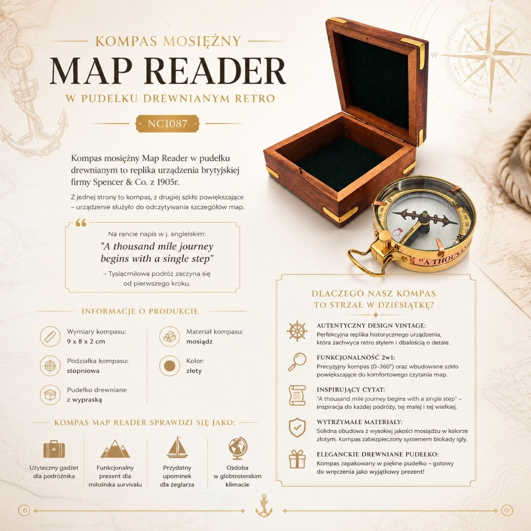 Mosazný kompas Map Reader v retro dřevěné krabičce - NC1087