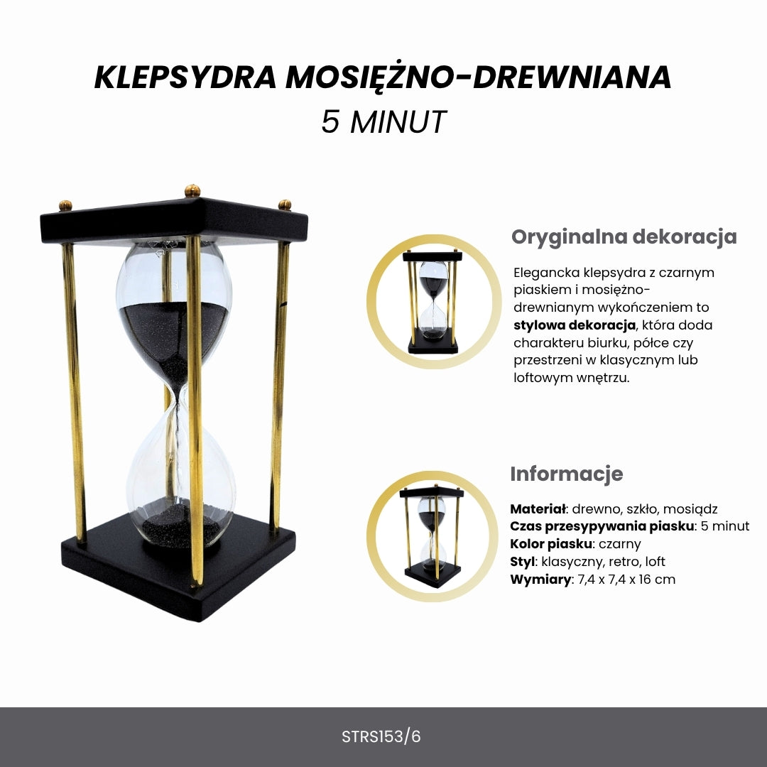 Brass-and-Wooden Hourglass 5 minutes – Black Sand – Elegant Retro Decoration - STRS