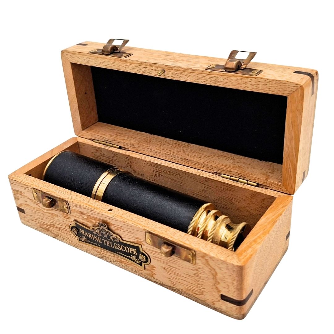 Elegant Retro Brass Nautical Spyglass with Custom Engraving in a Wooden Jewelry Box