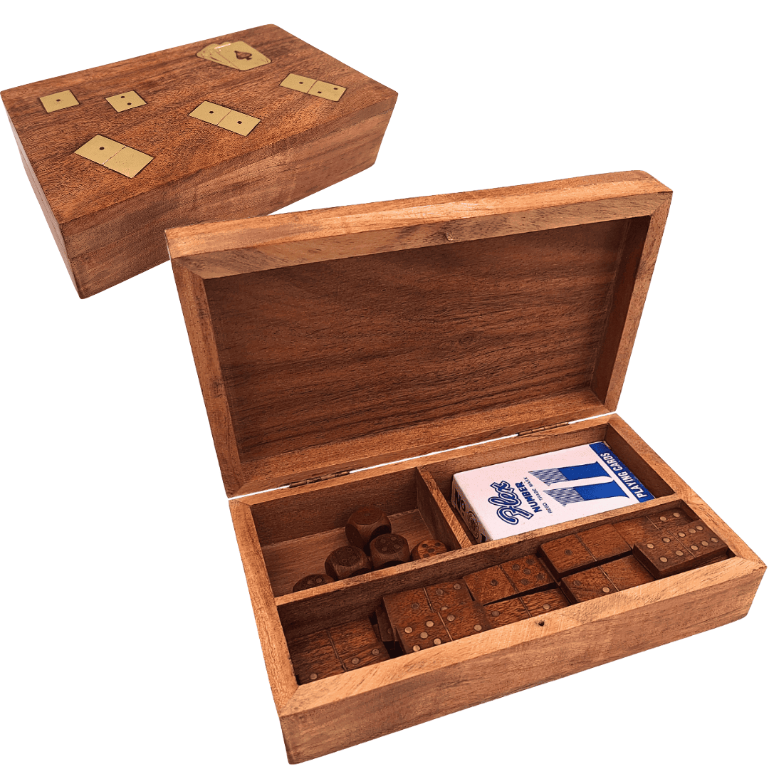 3-in-1 Game Set in a Wooden Box: Cards, Dominoes, Dice - DNU-011