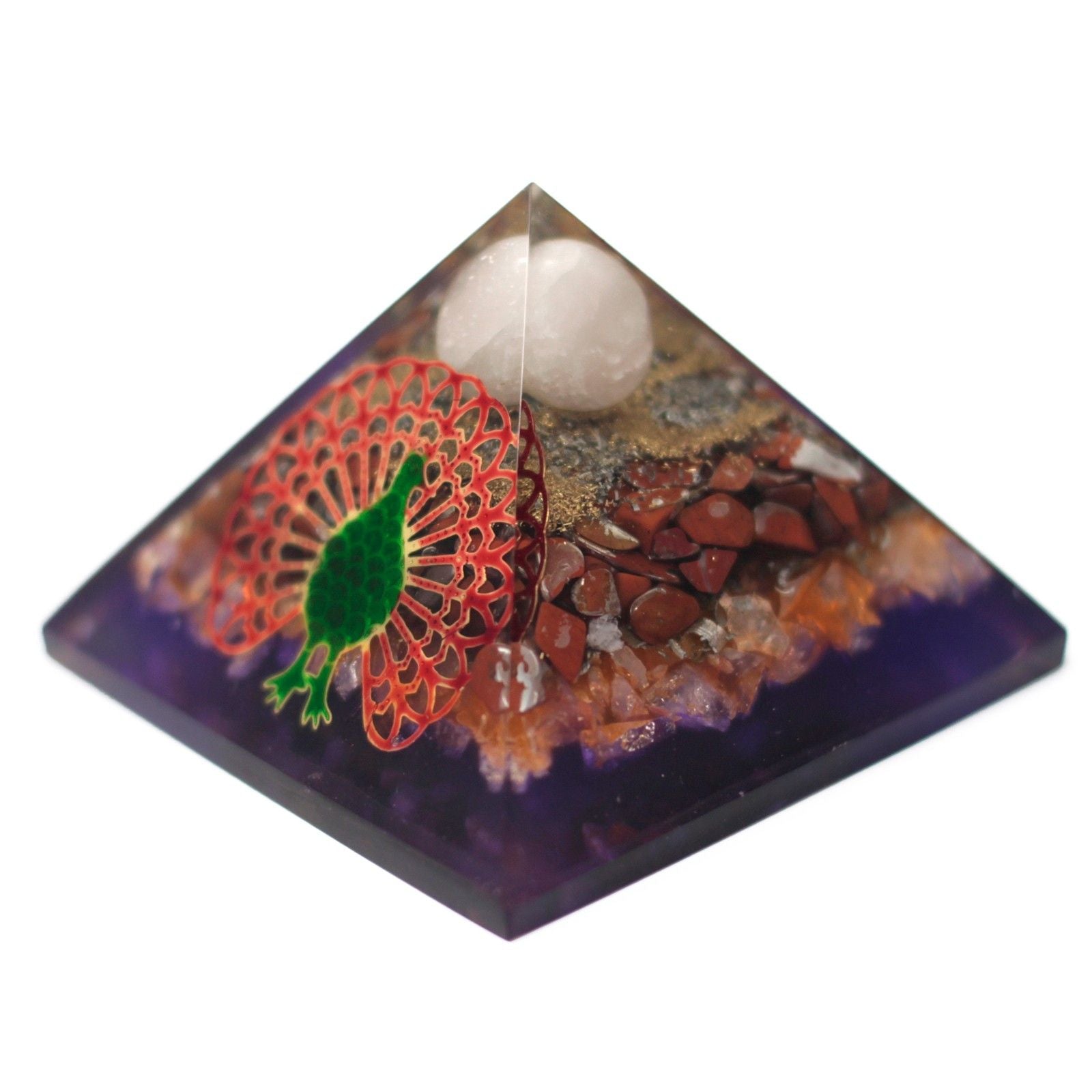 Orgonitová pyramida 70 mm - páv v barevném designu z drahých kamenů a mědi