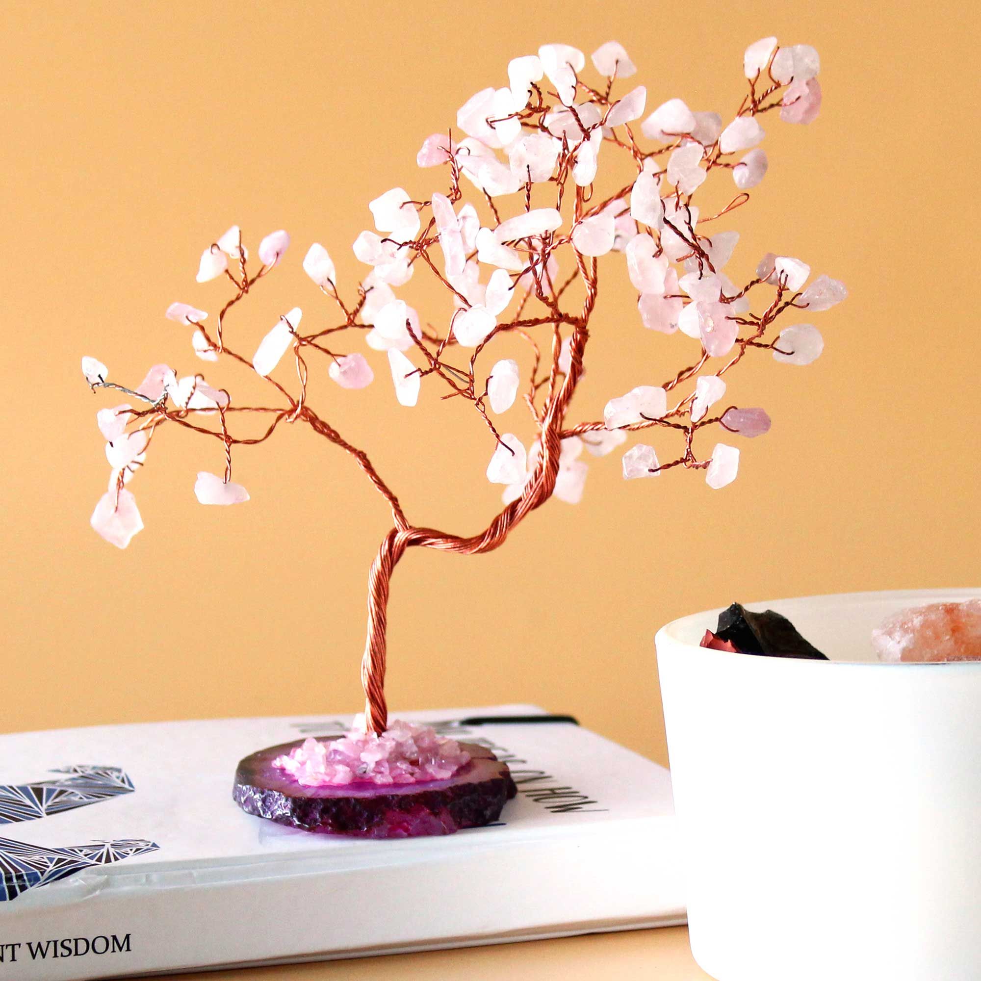 Pink Quartz Gemstone Tree on a Pink Agate Base