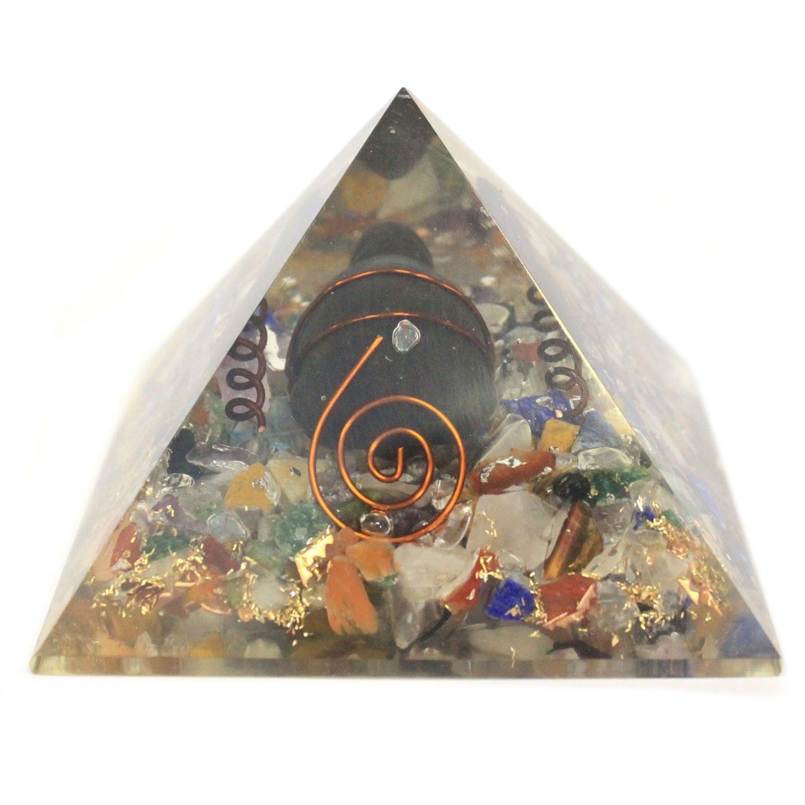 Pirámide Mediana de Orgonita 60 mm con chips de piedras preciosas, cobre y tortuga