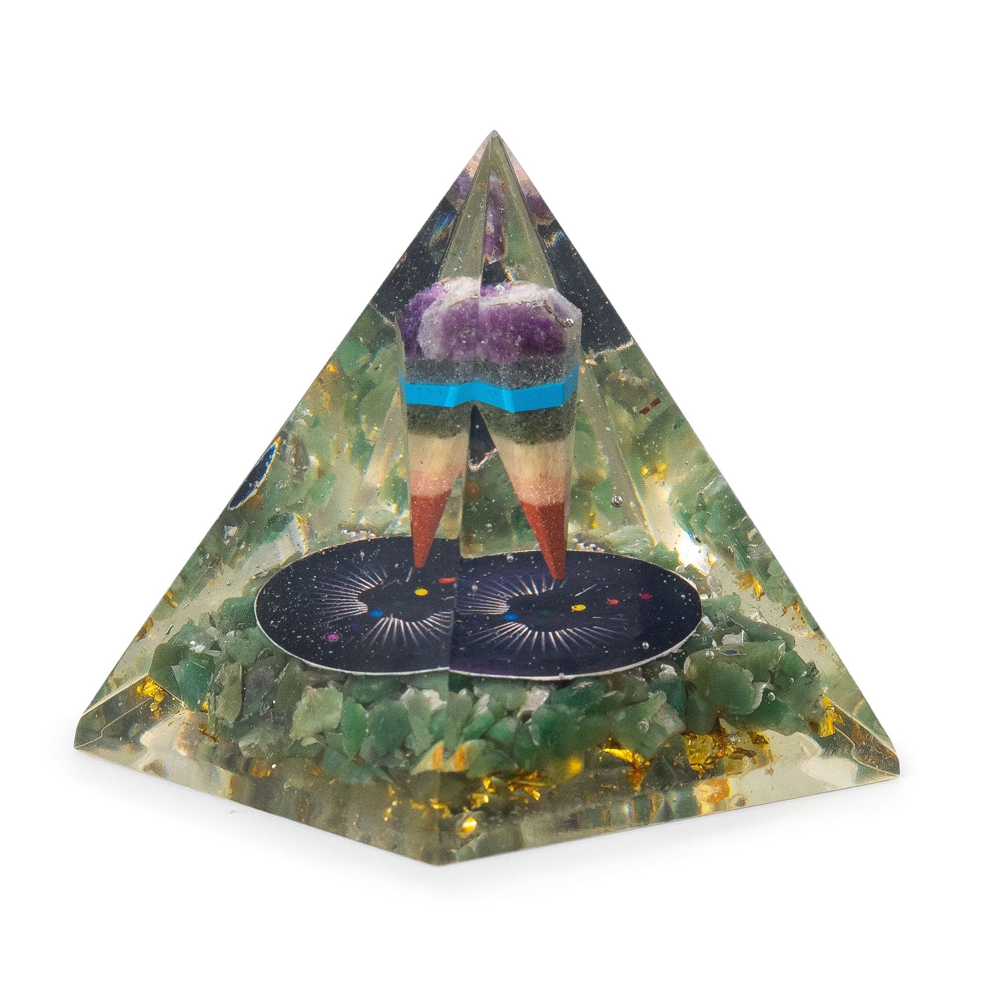 Medium Orgonite Pyramid with Pendulum and Green Aventurine Chips 7x6 cm