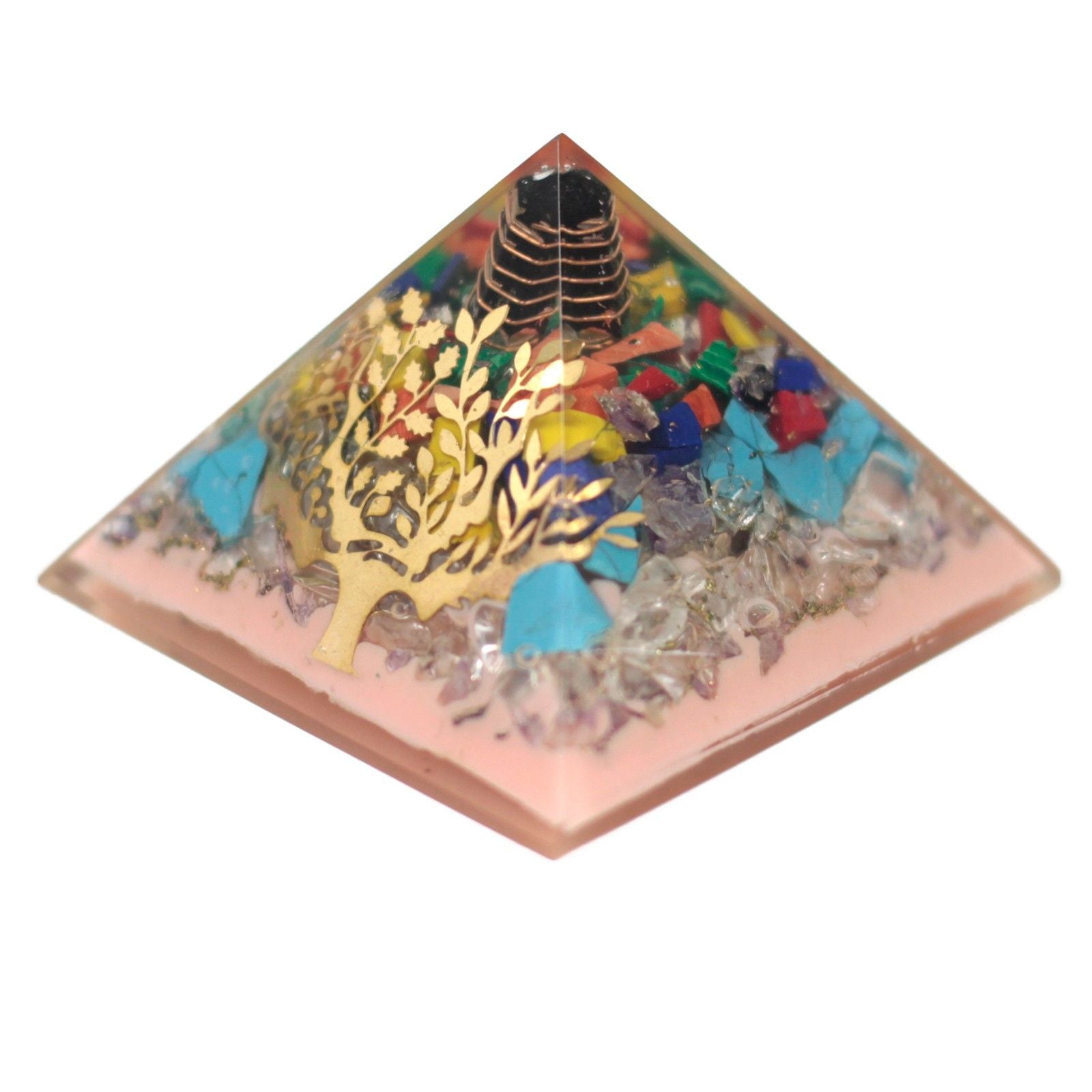 Pirámide de Orgonita 70 mm - Árbol con piedras preciosas, cobre y inserciones metálicas