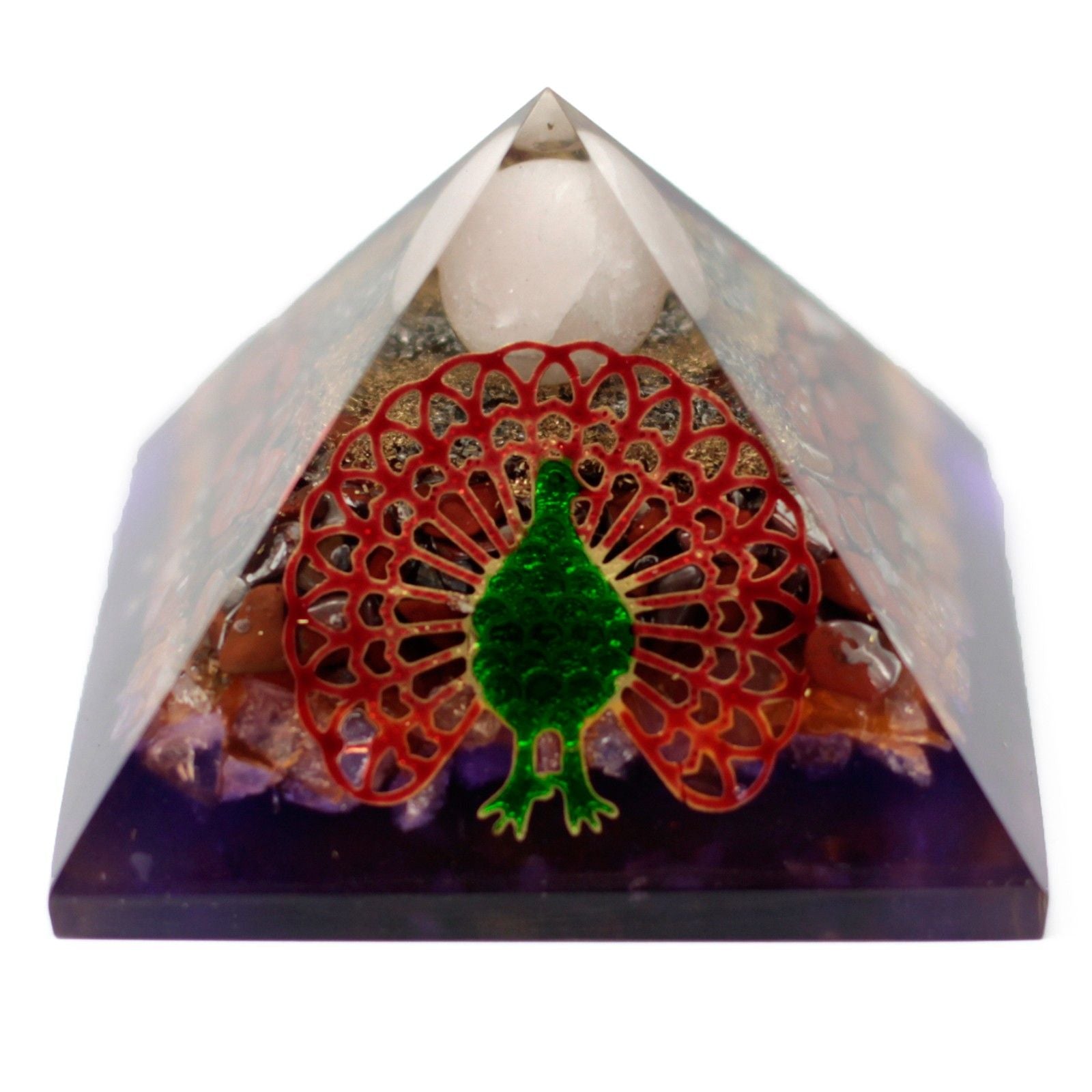 Orgonitová pyramida 70 mm - páv v barevném designu z drahých kamenů a mědi