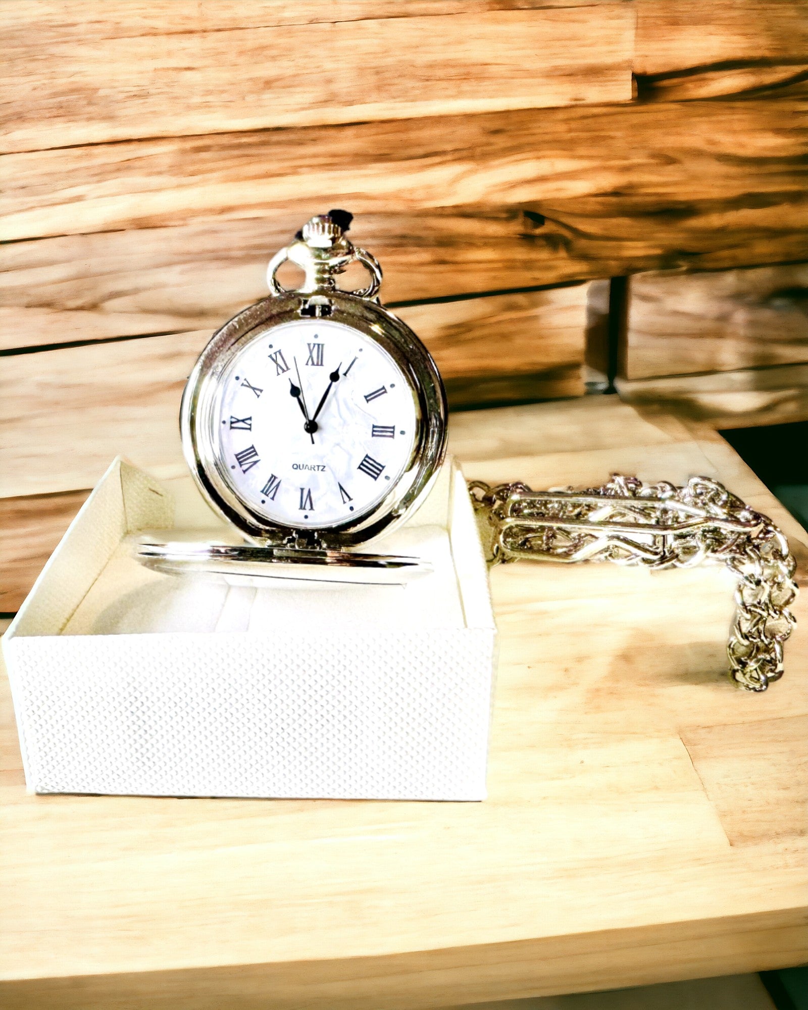 Classic Pocket Watch with Roman Numerals and Chain, Quartz, Steel Shine - Silver Color
