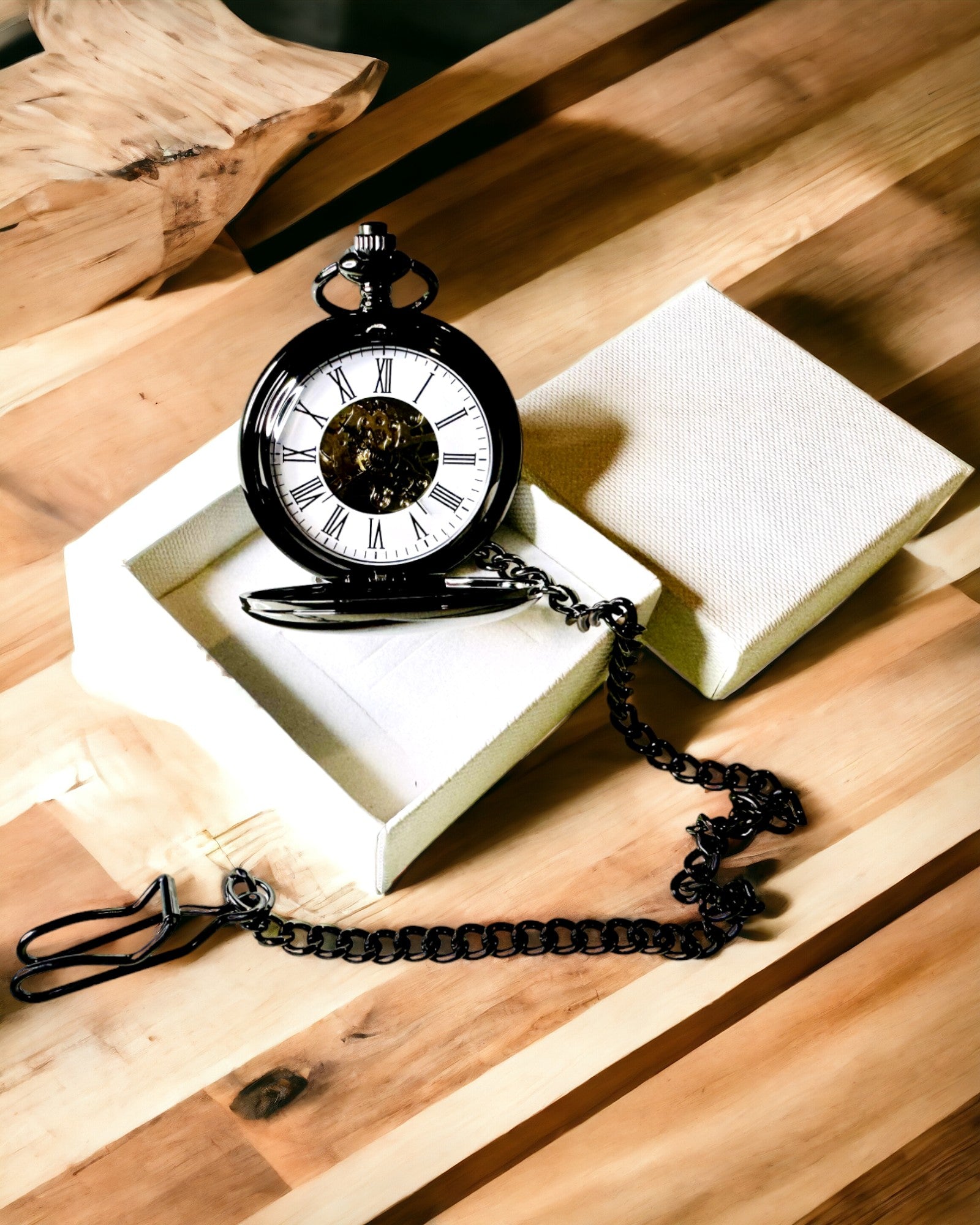 Klasisks Mehāniskais Kabatas Pulkstenis ar Dubultu Vāku – Manuāls, Melns, personalizācija ar gravējumu