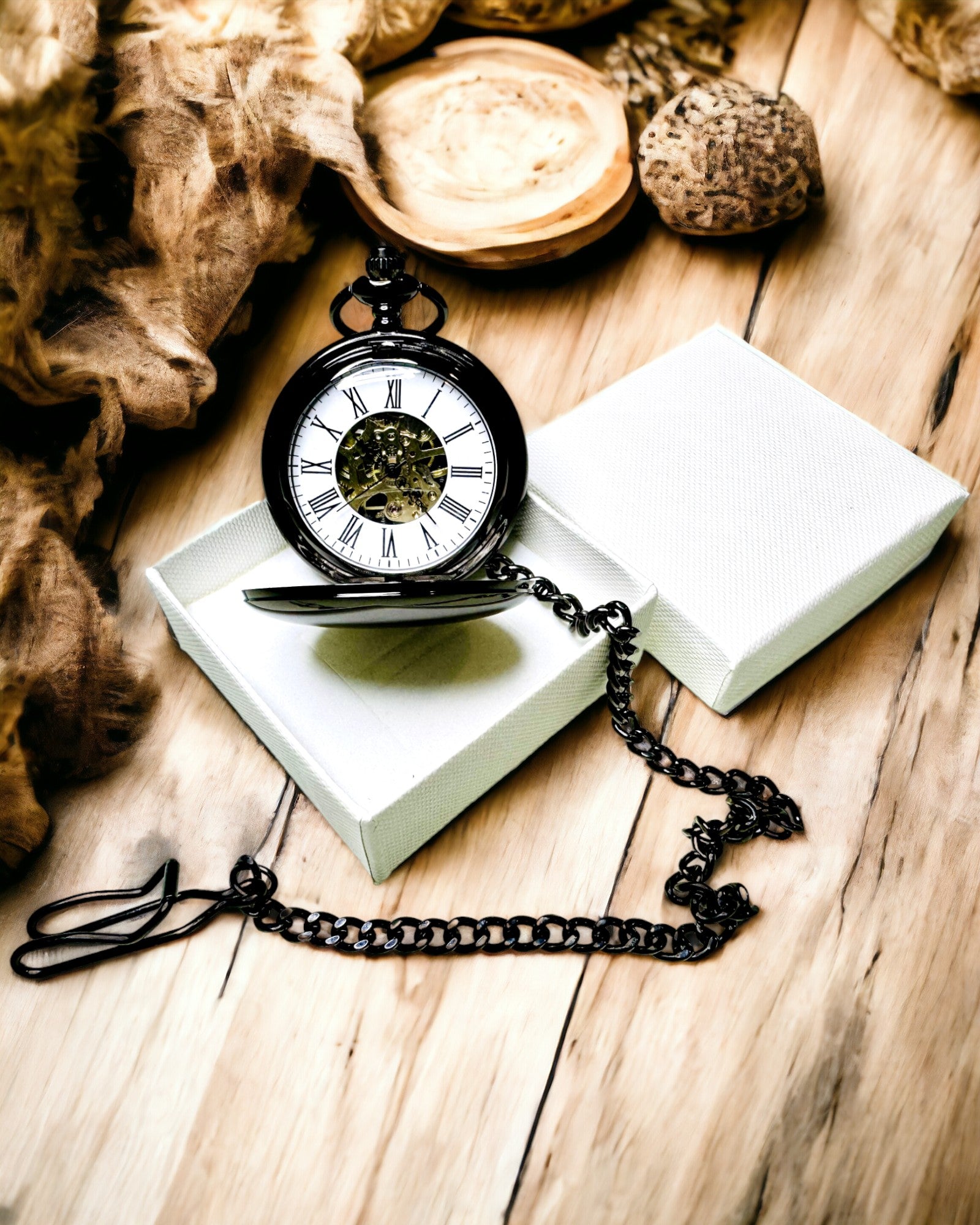 Klasisks Mehāniskais Kabatas Pulkstenis ar Dubultu Vāku – Manuāls, Melns, personalizācija ar gravējumu