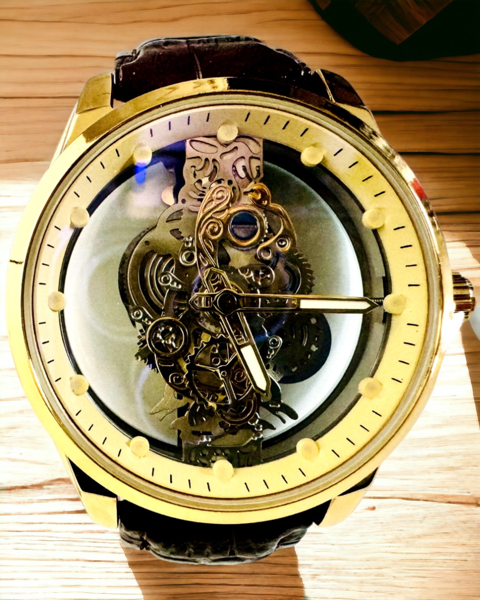 Men's Watch with Transparent Mechanism - Elegance and Precision in a Golden Setting
