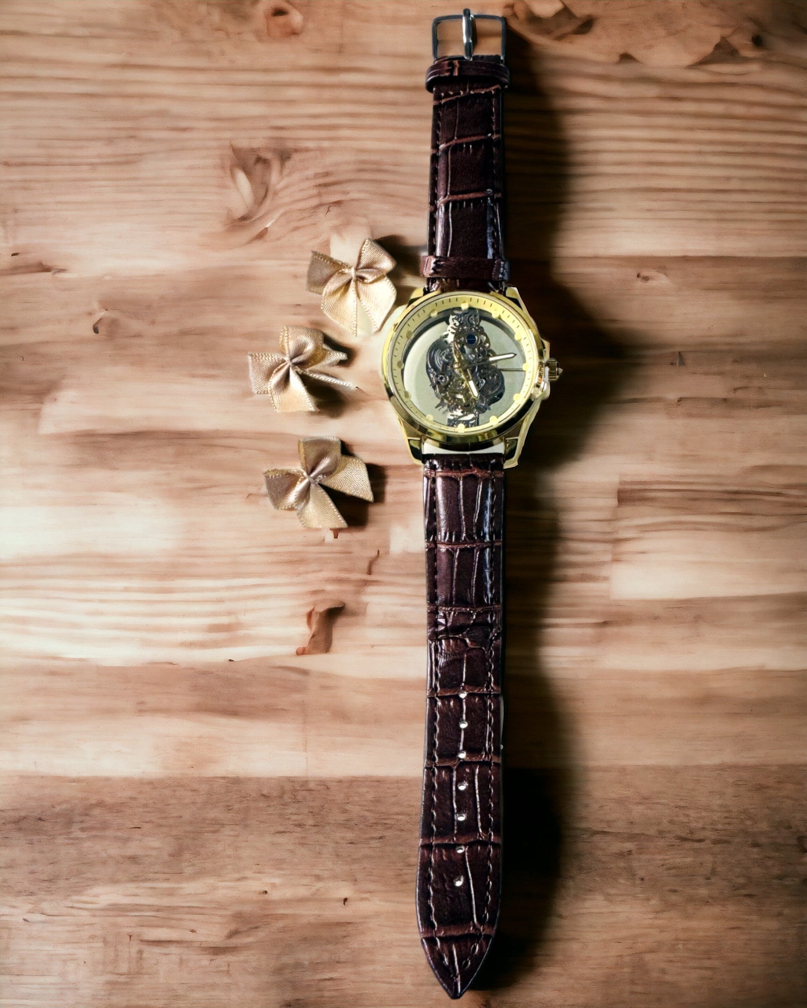 Men's Watch with Transparent Mechanism - Elegance and Precision in a Golden Setting