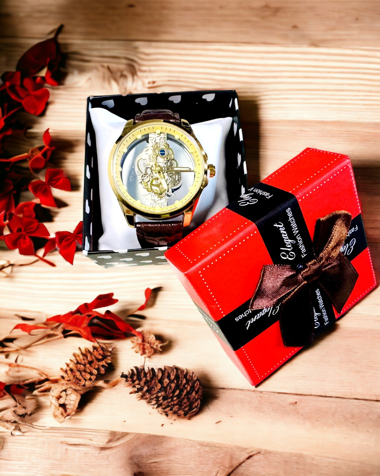 Men's Watch with Transparent Mechanism - Elegance and Precision in a Golden Setting