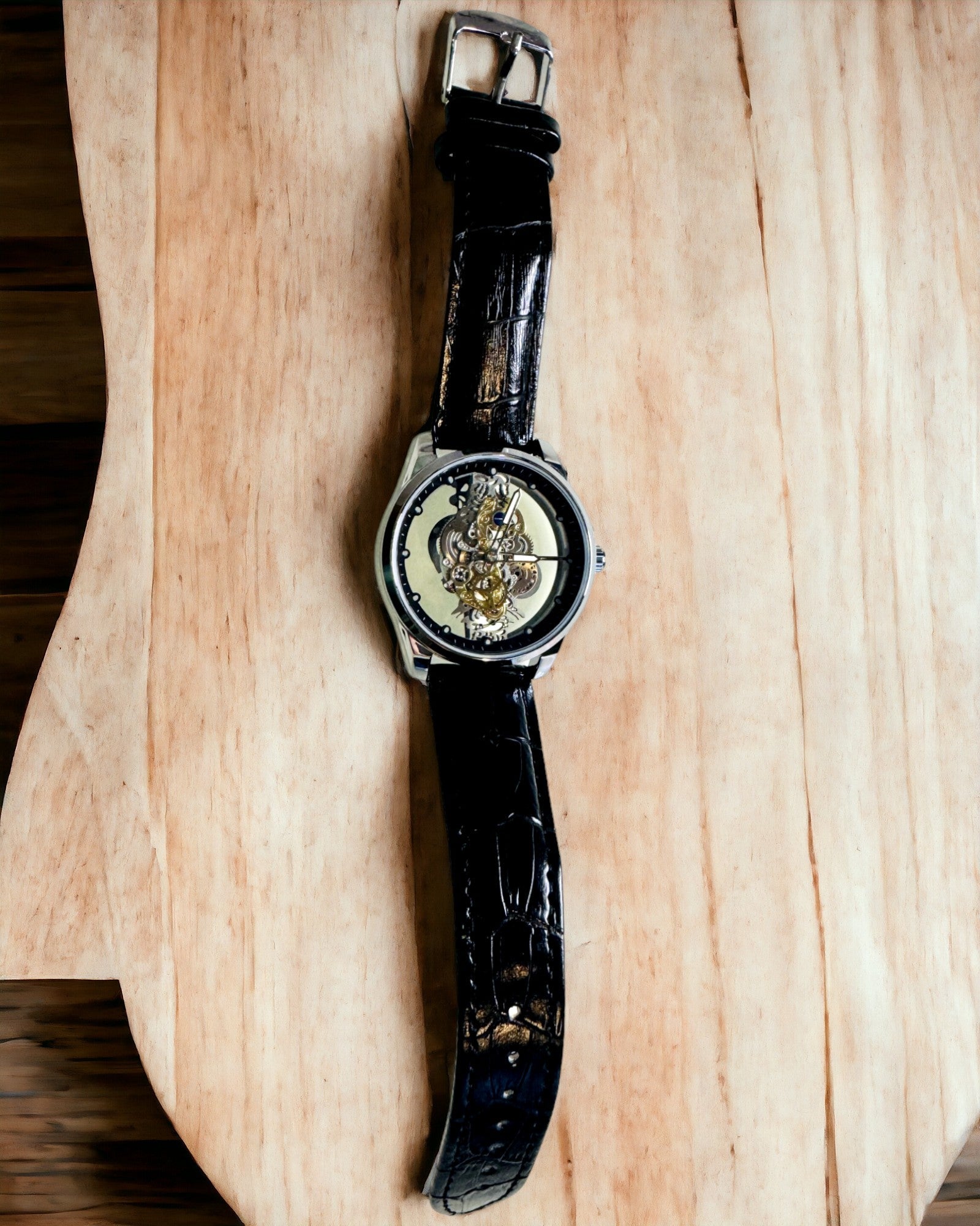 Men's Quartz Watch with Transparent Dial - Classic Elegance in a Modern Edition black strap. Personalization with engraving