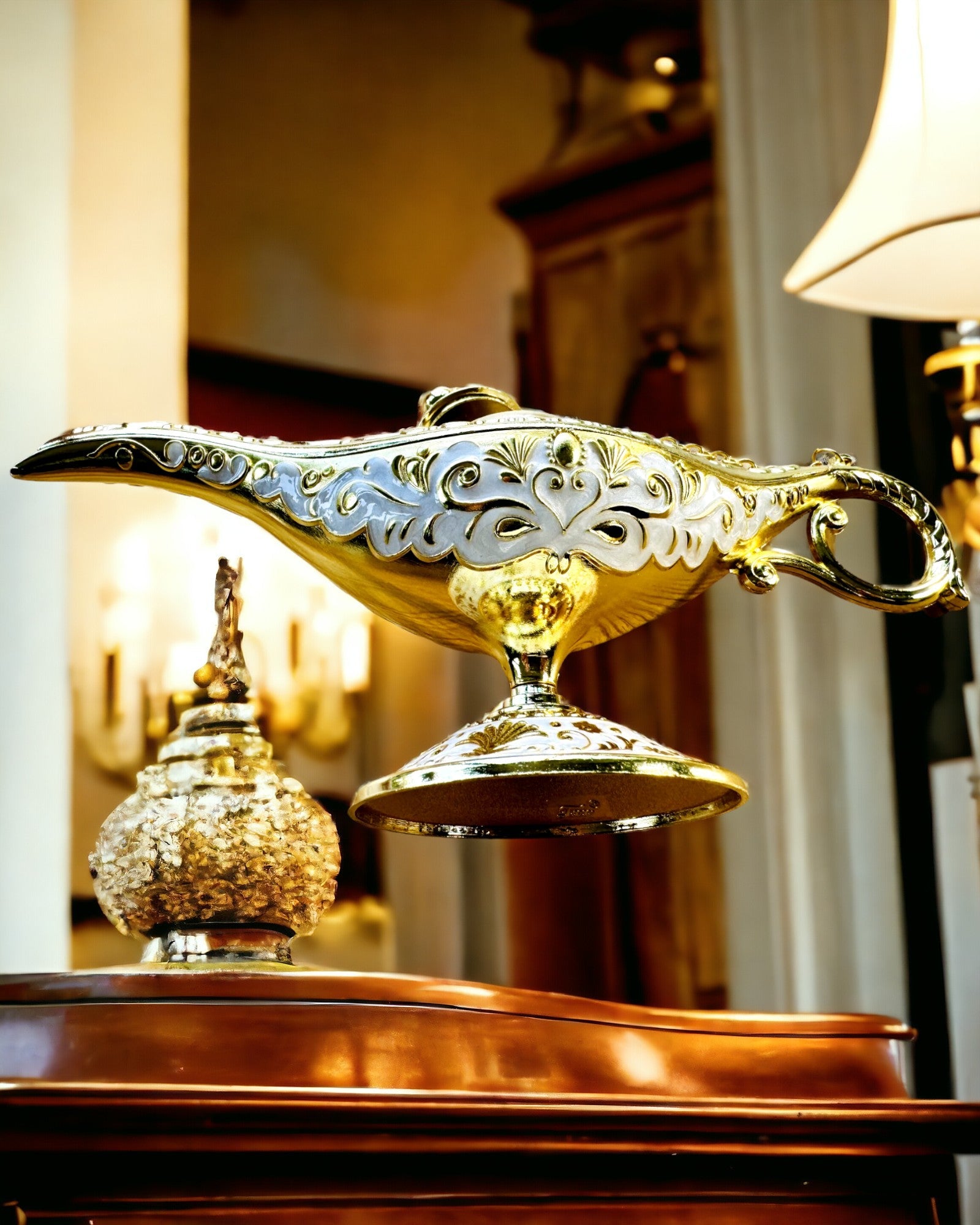 Magic Aladdin Lamp with Engraving Option - White Variant, interwoven with gold