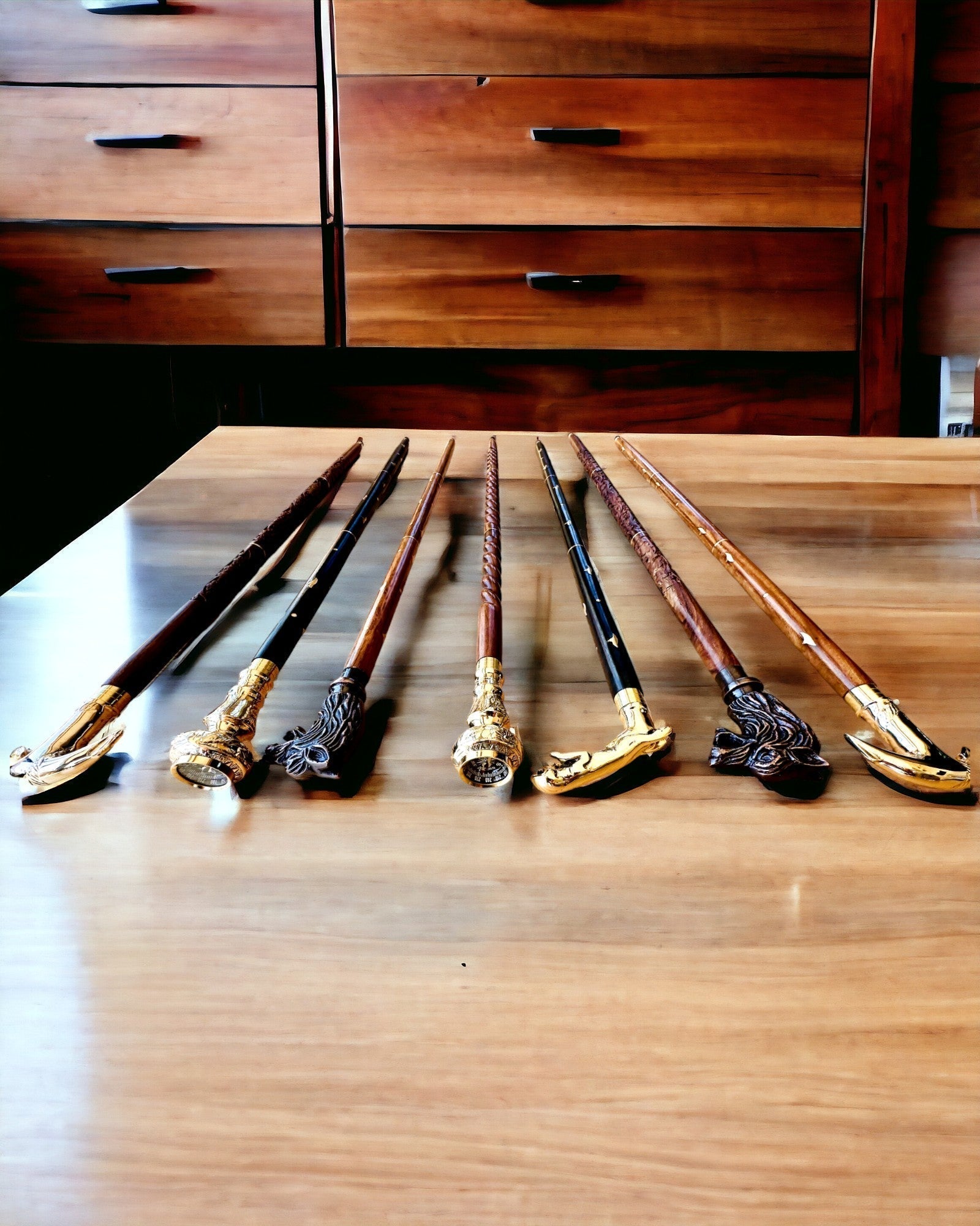 Hand-Carved Travel Cane for Walking "Royal Wanderer" in Brown with Gold Embellishments