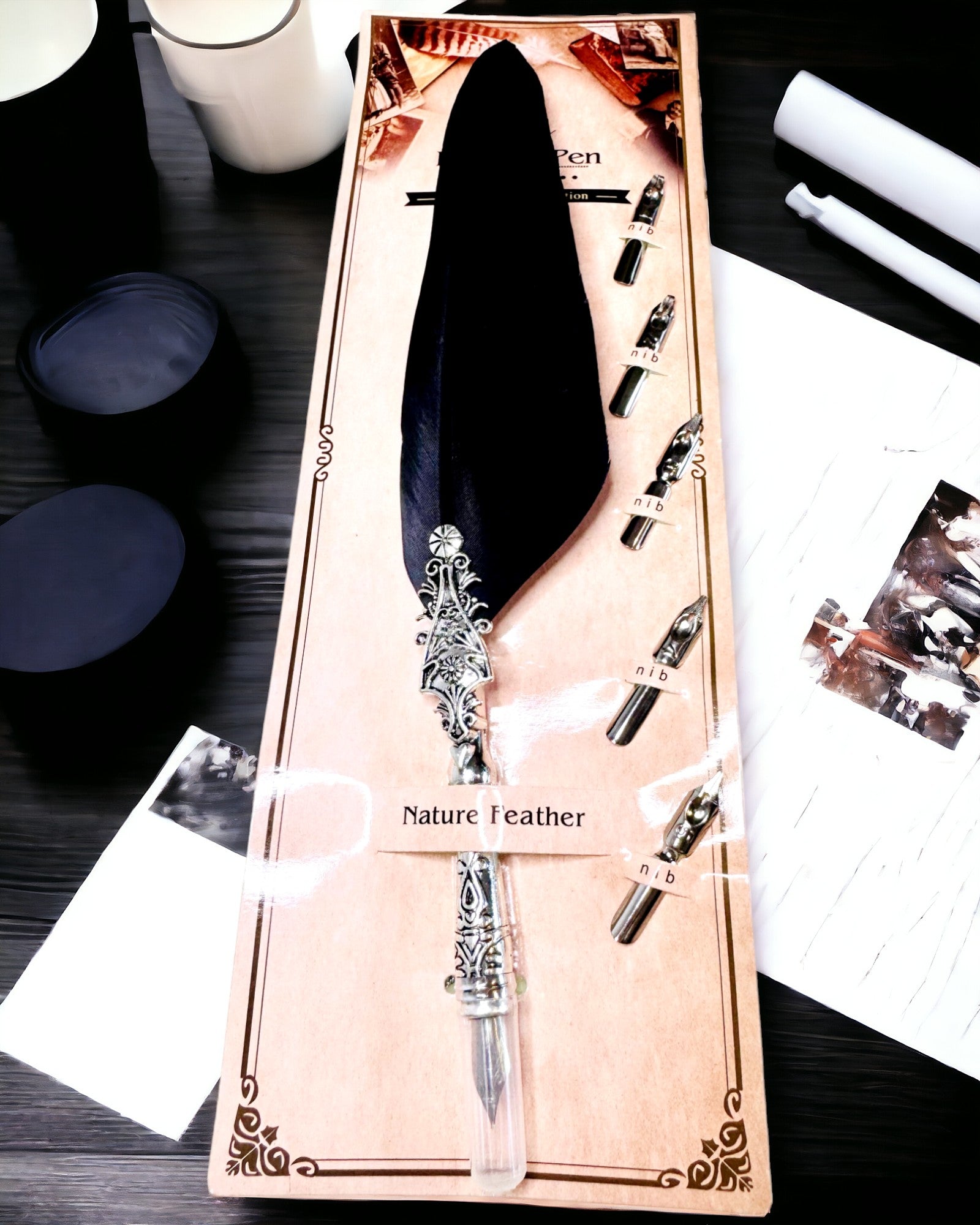 Vintage Calligraphy Pen with Natural Goose Feather – Ideal Gift for Mother's Day or Teacher's Day. Engraving