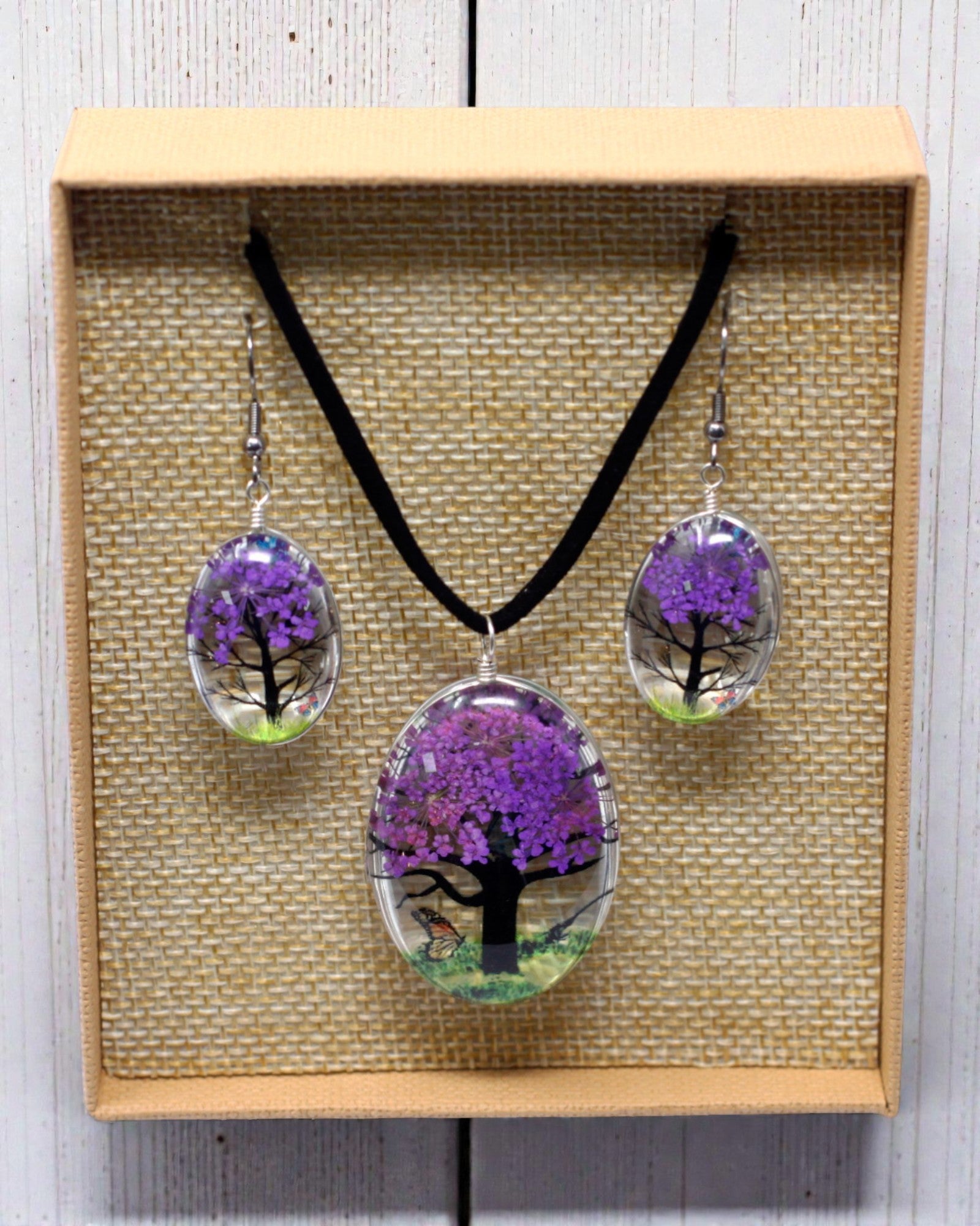 Sonho de Lavanda – Conjunto de Joias Lavanda com Flores Secas Árvore da Vida