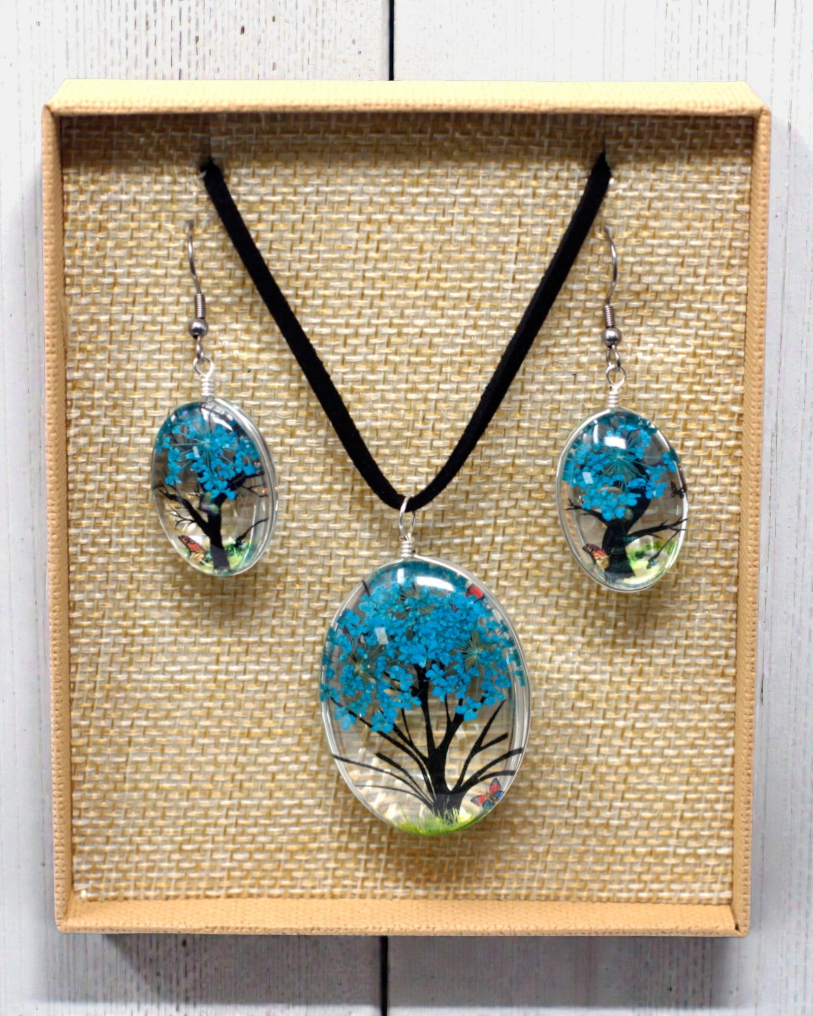 Sea Breeze – Blue-Green Jewelry Set with Dried Flowers Tree of Life