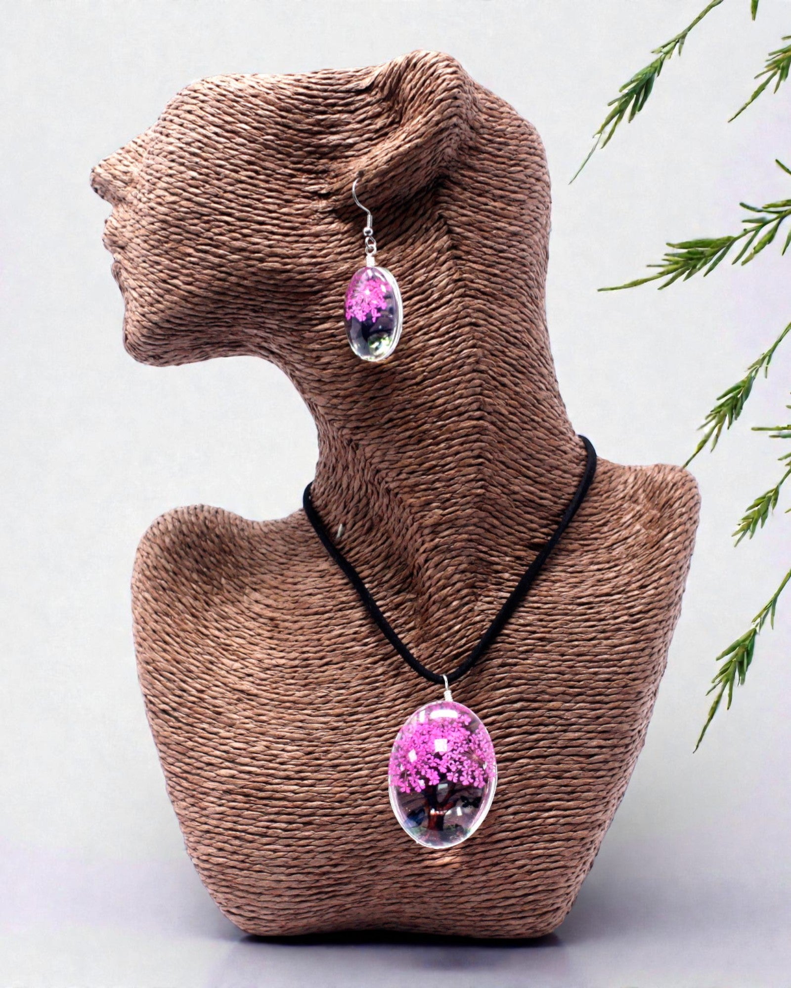 Rose Glow – Light Pink Jewelry Set with Dried Flowers, Tree of Life