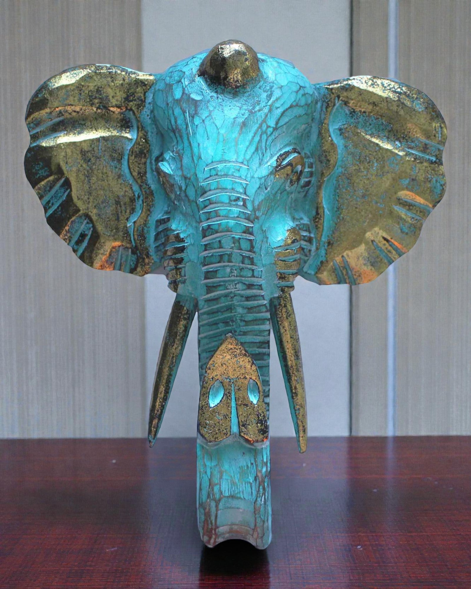 Large Elephant Head 29x26 cm – Turquoise and Gold