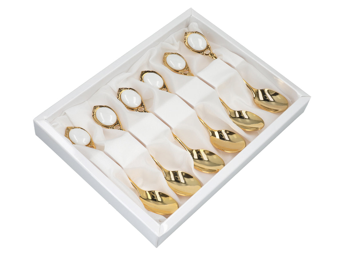 Sada 6 lžiček potažených 24K zlatem Bílé oči CARMANI s možností personalizace gravírováním - elegantní dárek pro každou příležitost, rozměry 13 cm