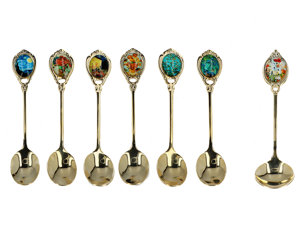 6 šaukštelių, padengtų 24K auksu, rinkinys su 1 cukraus šaukšteliu - V. van Goghas, įvairūs dizainai, su galimybe personalizuoti graviravimu, elegantiška dovanų pakuotė, matmenys 13 cm