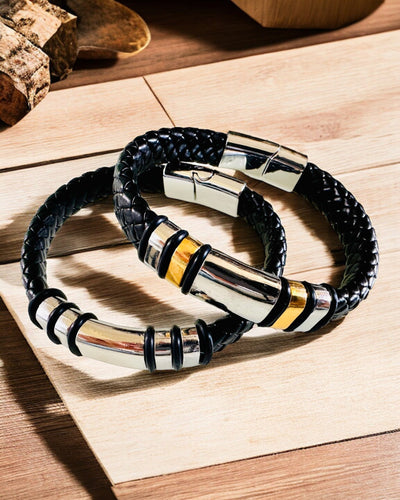 Modna Hip Hop Narukvica za Muškarce s Graviranjem po Narudžbi i Magnetskom Kopčom – Odaberite Stil sa Srebrnim ili Zlatnim Akcentima, 22cm PU Koža