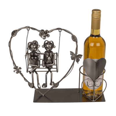 Metal Bottle Holder - Couple in Love on a Swing in a Heart, customizable with engraving